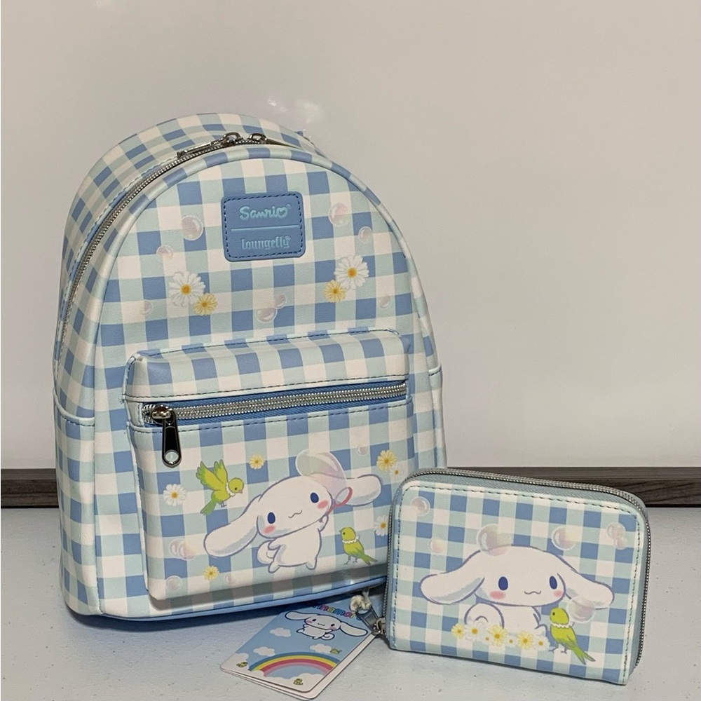 Loungefly x Sanrio Cinnamoroll Daisy Gingham Mini Backpack & Mini Zip Wallet-New